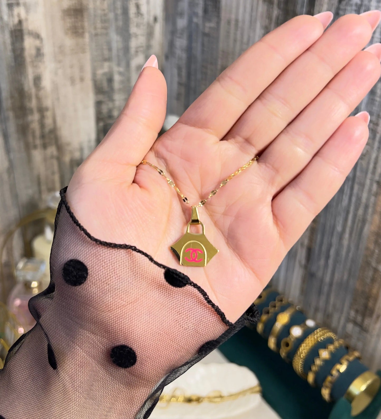 Luxury Handbag Pendant Necklace | Gold Plated Designer-Inspired Tote Charm with Pink Logo | Trendy Fashion Jewelry for Women & Girls - ACERO JEWELS