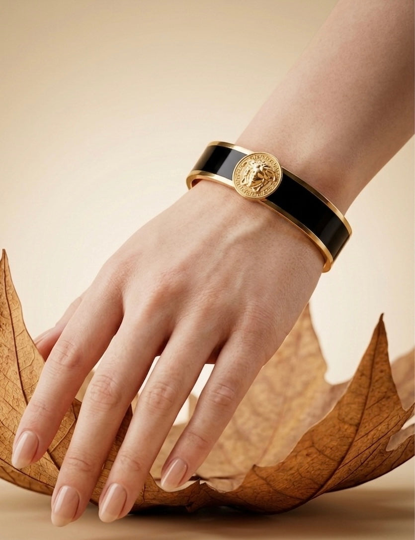 18k Gold Plated Greek Mythology Bangle – Medusa Inspired Black Enamel Bracelet