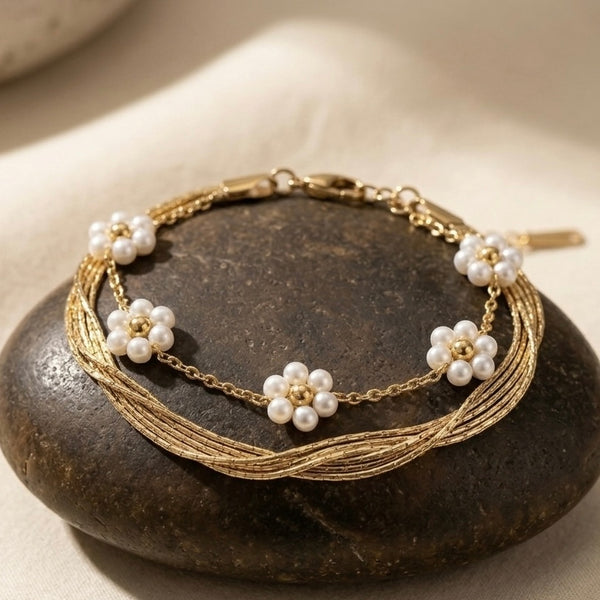 18K Gold Plated Dainty Pearl Flower & Multi-Strand Mesh Bracelet Set | Anti-Tarnish Floral Jewelry