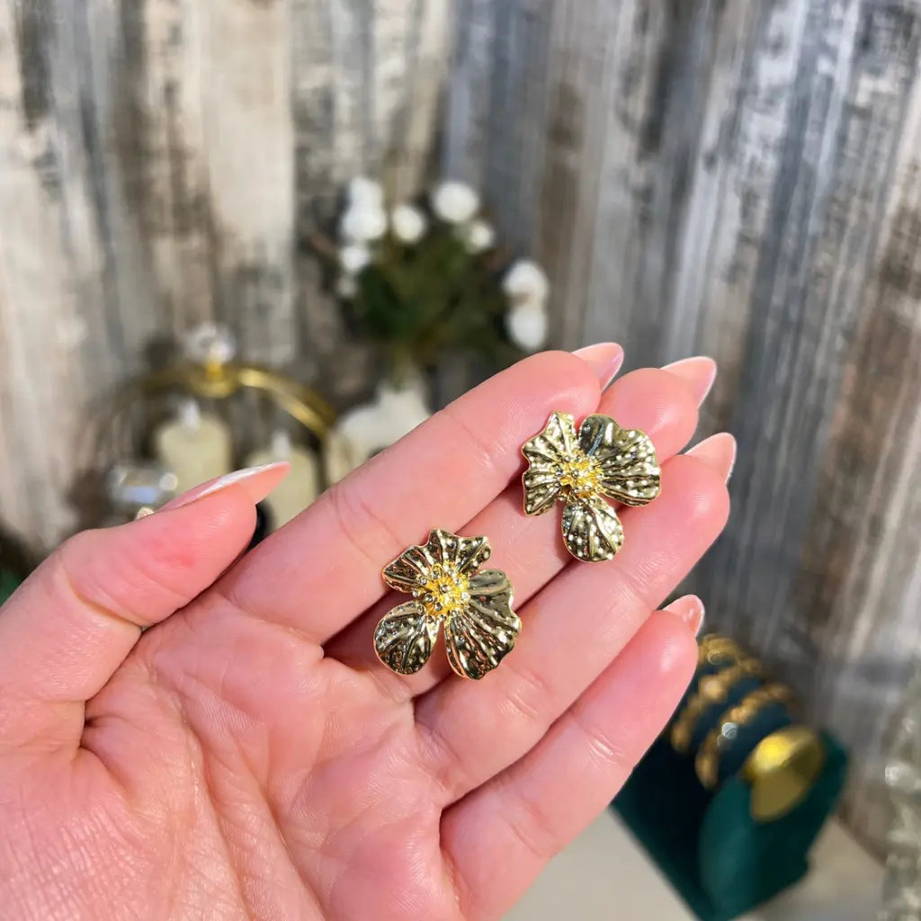 18K Gold Plated Vintage Floral Stud Earrings | Textured 3D Flower Earrings for Women - ACERO JEWELS