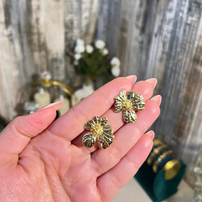 18K Gold Plated Vintage Floral Stud Earrings | Textured 3D Flower Earrings for Women - ACERO JEWELS