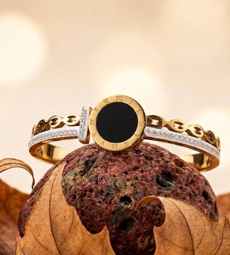 Luxury 18K Gold Plated Roman Numeral Bangle with Onyx Centerpiece