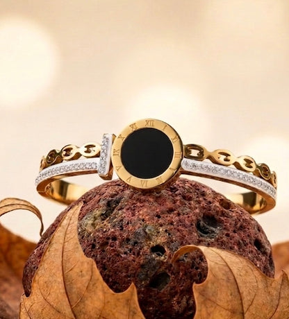 Luxury 18K Gold Plated Roman Numeral Bangle with Onyx Centerpiece