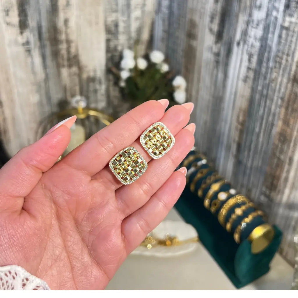 18K Gold Plated Checkerboard Stud Earrings | Crystal Halo Square Earrings for Women - ACERO JEWELS