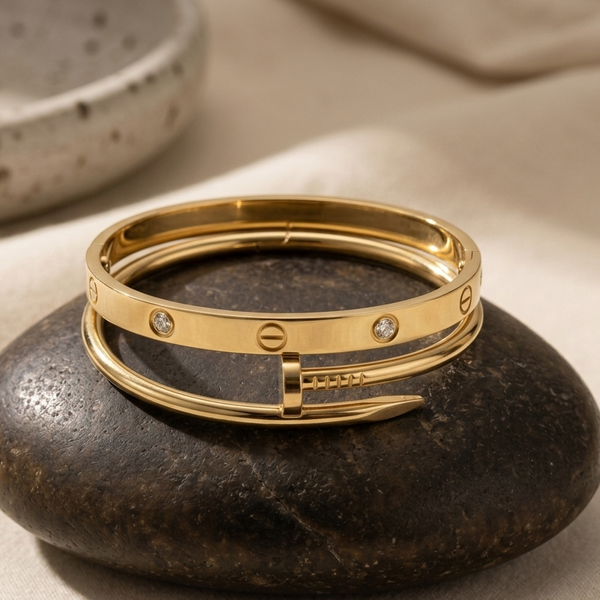 18K Gold Plated Stone-Studded Bangle & Crystal Nail Bracelet Set