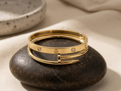 18K Gold Plated Stone-Studded Bangle & Crystal Nail Bracelet Set