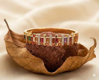 Rainbow Crystal Baguette Bangle – Luxury Gold Stainless Steel Multi-Color Bracelet