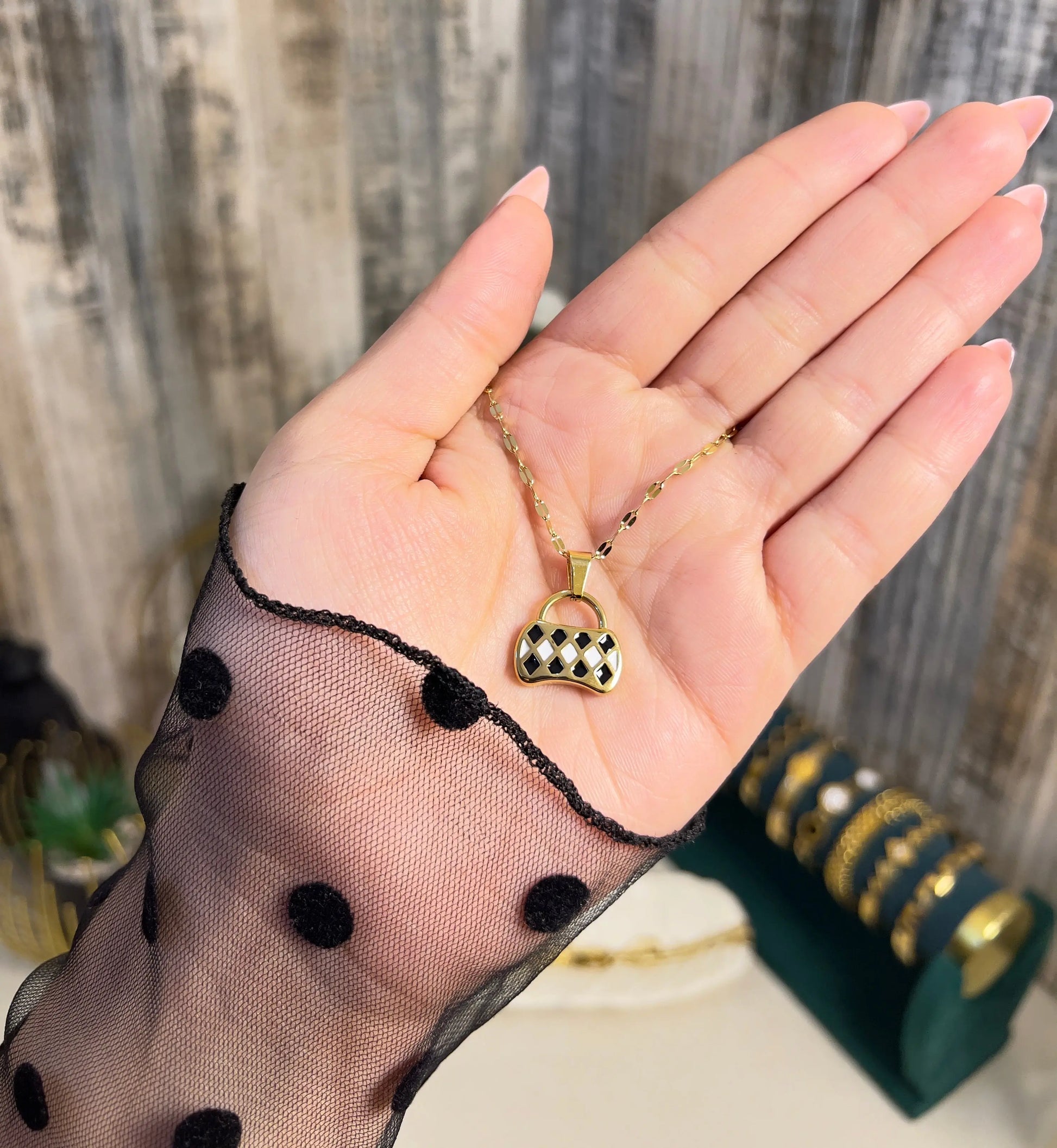 18K Gold Plated Mini Handbag Pendant Necklace | Checkered Enamel Purse Charm on Gold Chain - ACERO JEWELS
