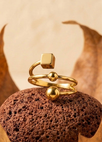 Modern 18K Gold Plated Geometric Bypass Ring | Minimalist Cube and Sphere Open Band Ring