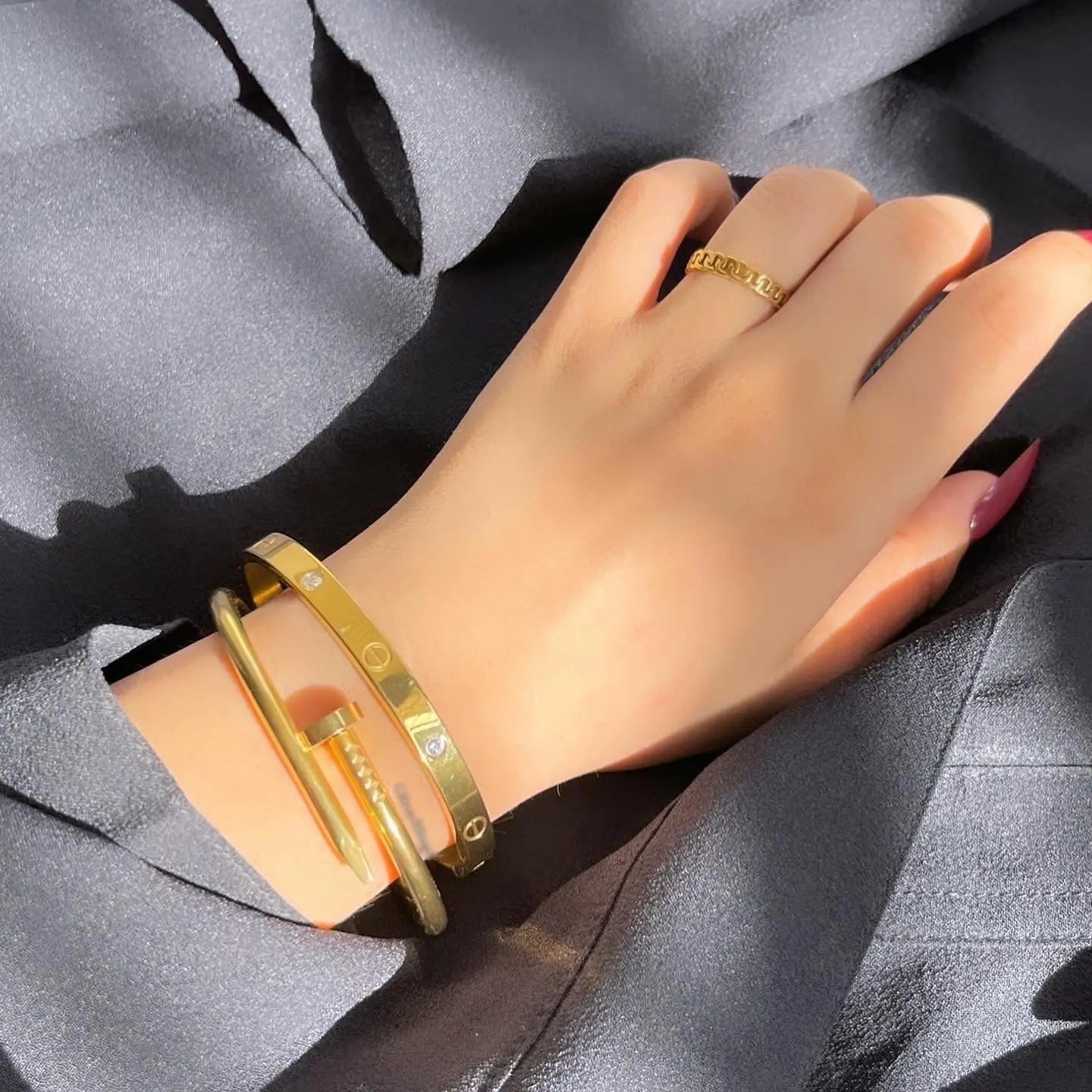 18K Gold Plated Stone-Studded Bangle & Crystal Nail Bracelet Set  - 18K Gold Plated
