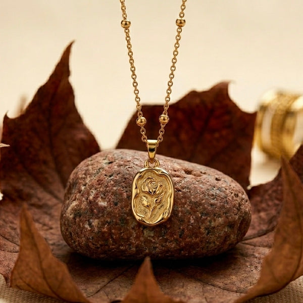18K Gold Plated Vintage Rose Medallion Necklace | Embossed Floral Pendant on Dainty Link Chain