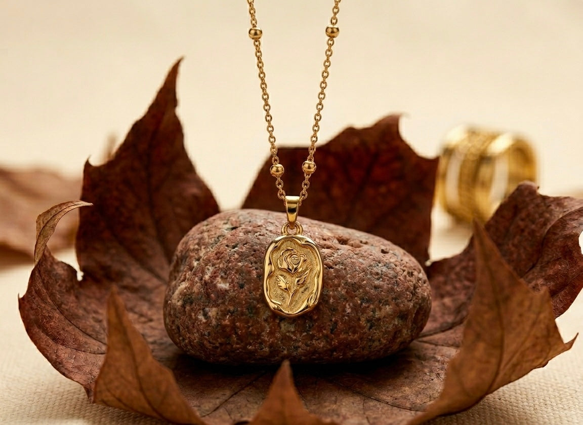 18K Gold Plated Vintage Rose Medallion Necklace | Embossed Floral Pendant on Dainty Link Chain