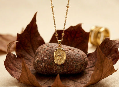 18K Gold Plated Vintage Rose Medallion Necklace | Embossed Floral Pendant on Dainty Link Chain
