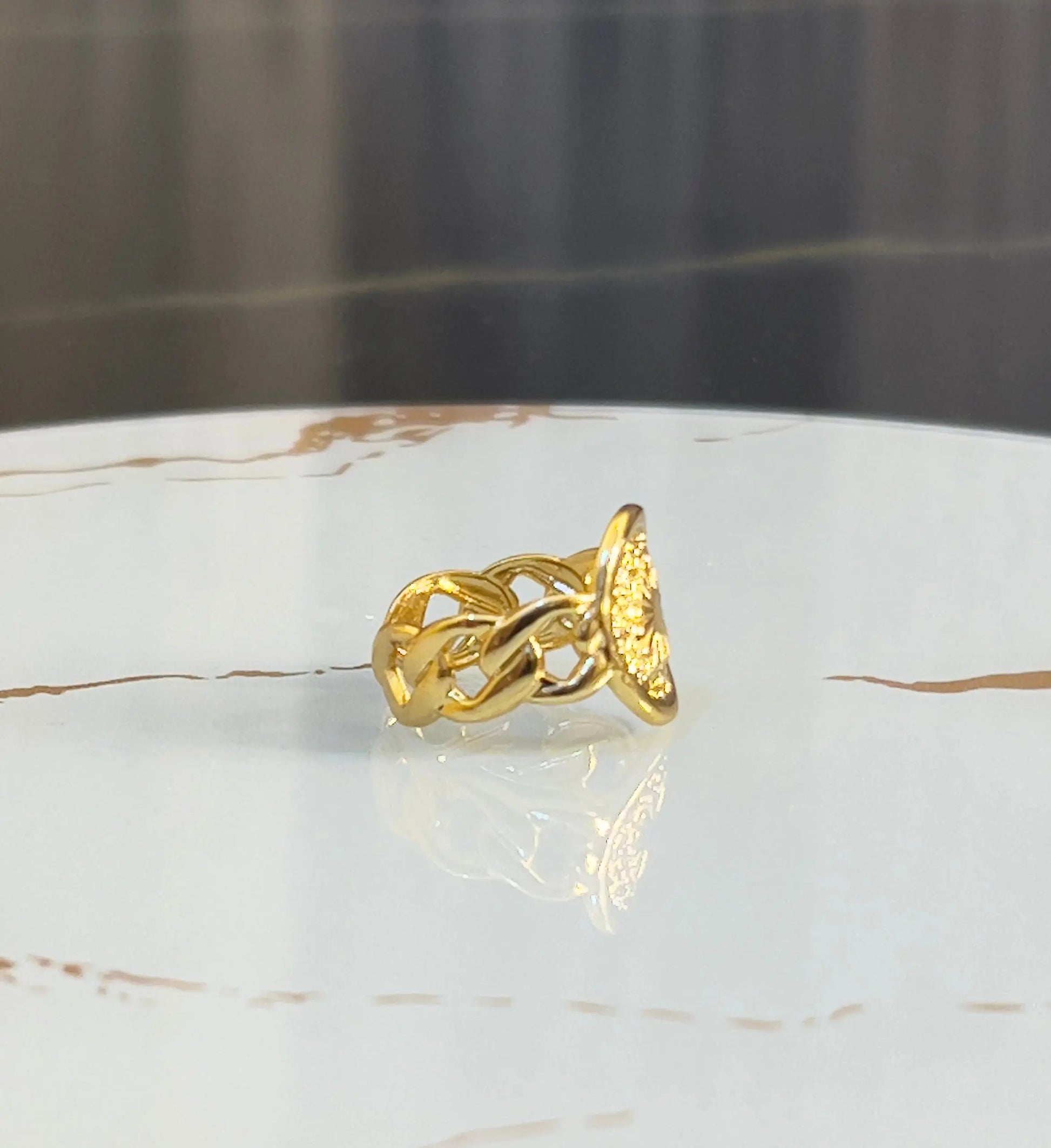 18K Gold Plated Sun Coin Signet Ring - Vintage Sunburst Medallion Band - Boho Gold Chain Link Ring for Women - ACERO JEWELS