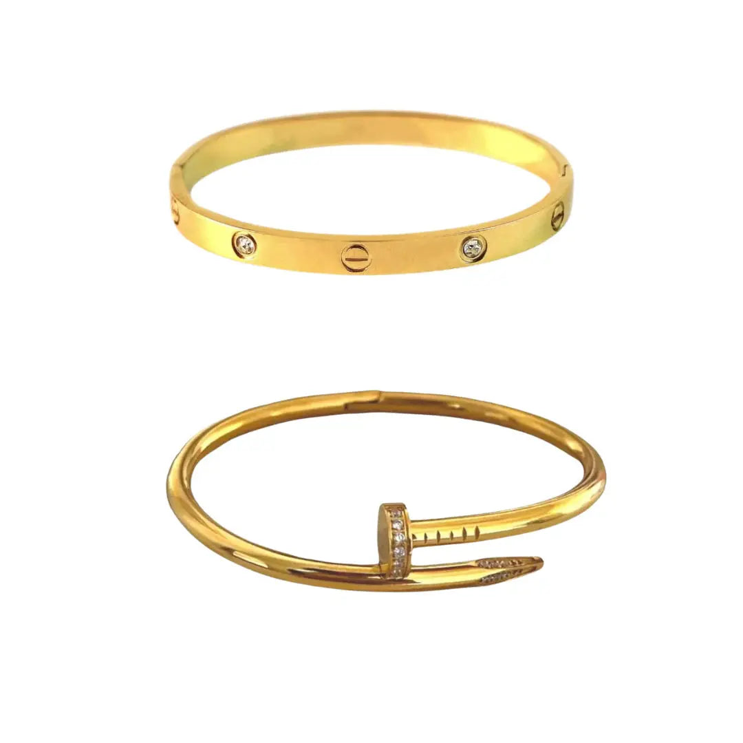 18K Gold Plated Stone-Studded Bangle & Crystal Nail Bracelet Set- 18K Gold Plated