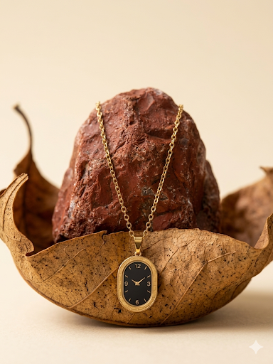 Vintage Oval Clock Pendant Necklace – 18K Gold Plated Minimalist Black Dial Statement Jewelry