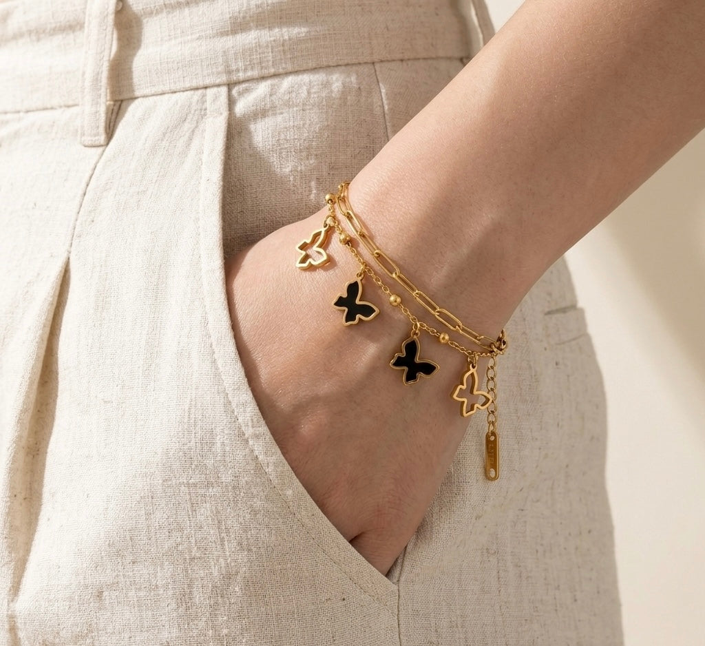 Whimsical Butterfly Layered Charm Bracelet – 18k Gold & Black Enamel