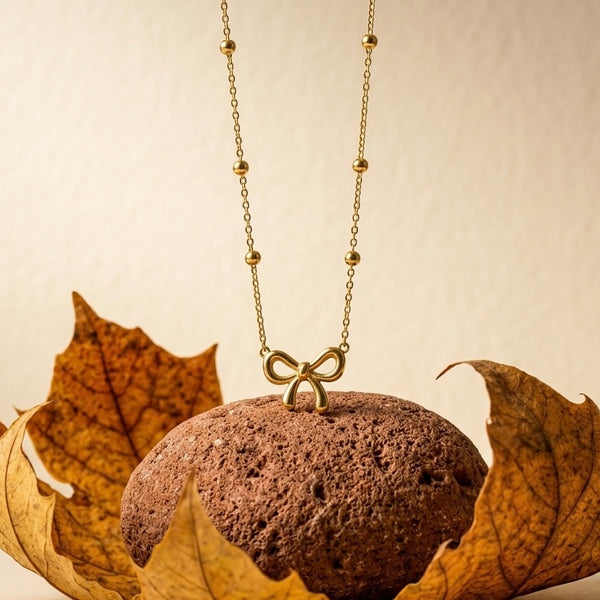 18K Gold Plated Ribbon Bow Necklace | Dainty Coquette Bow Pendant on Satellite Chain