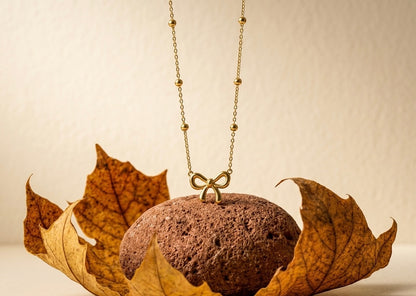 18K Gold Plated Ribbon Bow Necklace | Dainty Coquette Bow Pendant on Satellite Chain