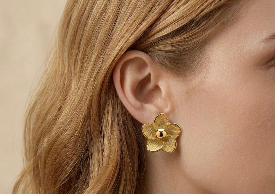 Vintage Gold Textured Flower Stud Earrings | Matte Finish Floral Statement Earrings | Retro Botanical Gold Studs for Women | Chic Daily Wear Jewelry