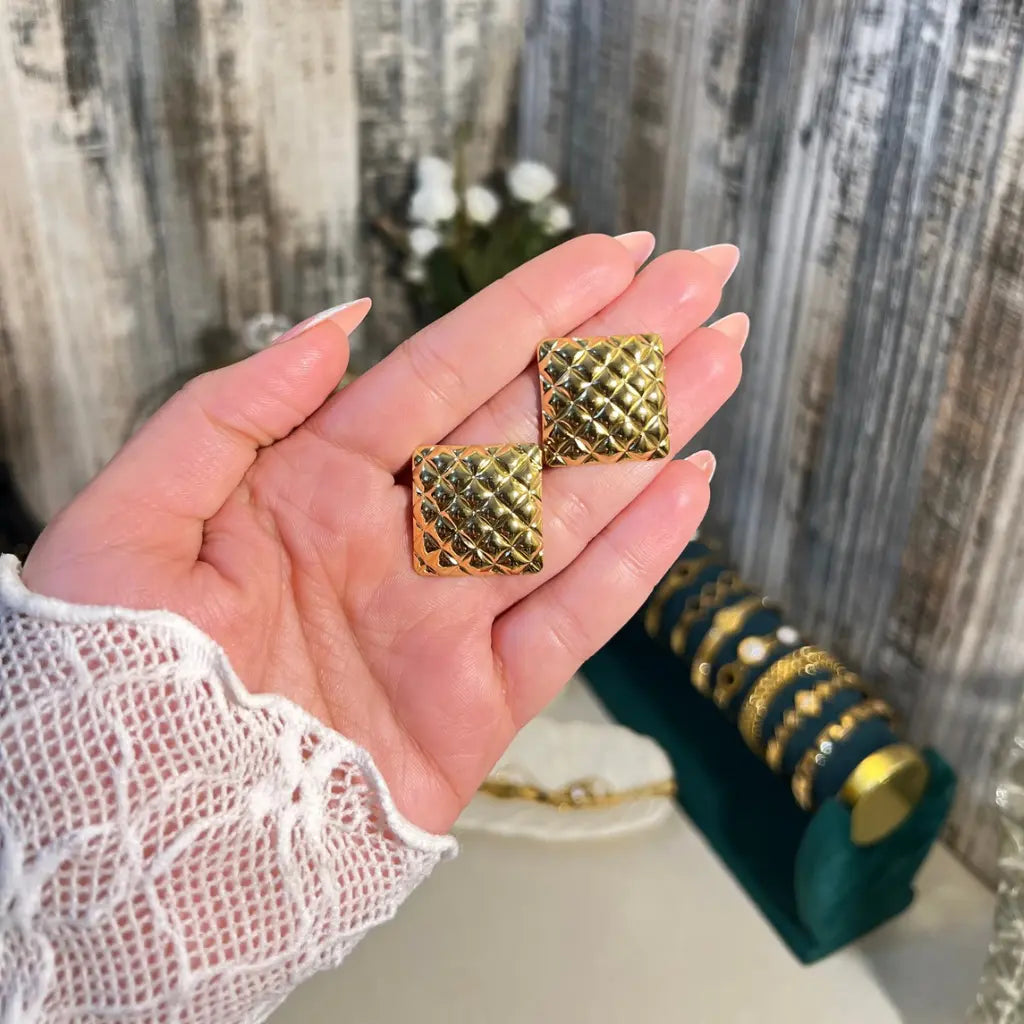 Vintage 18K Gold Plated Quilted Square Stud Earrings | Bold Geometric Diamond-Pattern Statement Earrings - ACERO JEWELS