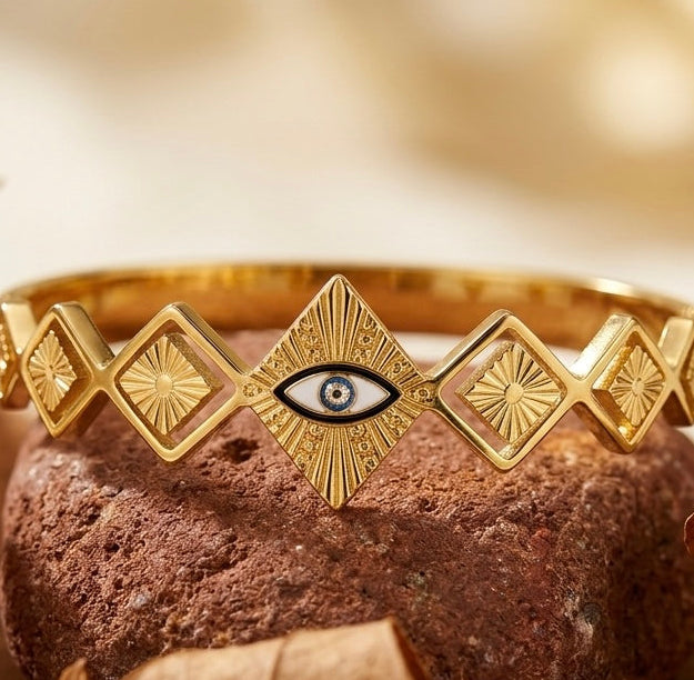 Luxury 18K Gold Plated Evil Eye Geometric Bangle