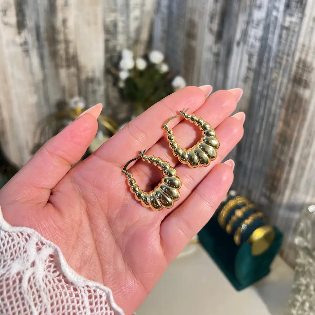 18K Gold Plated Croissant Hoop Earrings | Textured Ribbed Chunky Hoops for Women - ACERO JEWELS