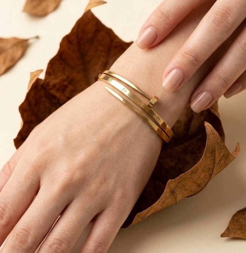 18K Gold Plated Nail & Screw Bangle – Minimalist Stackable Cuff Bracelet
