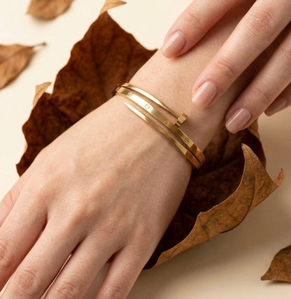 18K Gold Plated Nail & Screw Bangle – Minimalist Stackable Cuff Bracelet