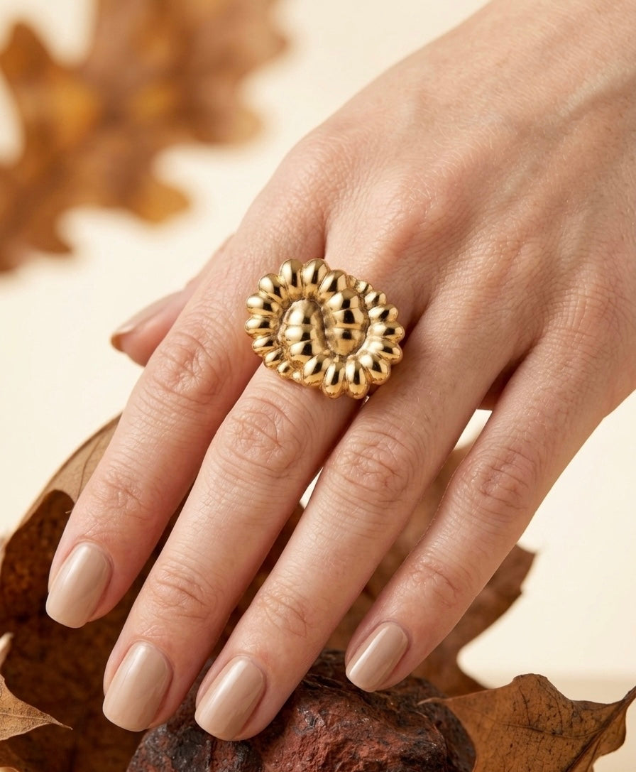 18k Gold Plated Ribbed Floral Statement Ring