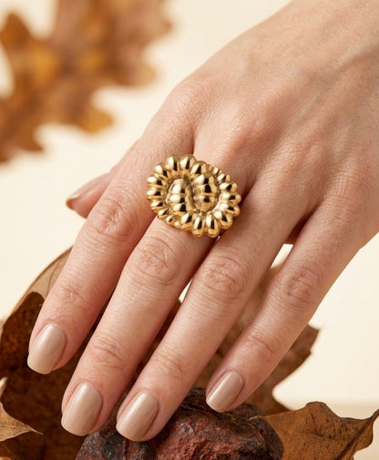 18k Gold Plated Ribbed Floral Statement Ring