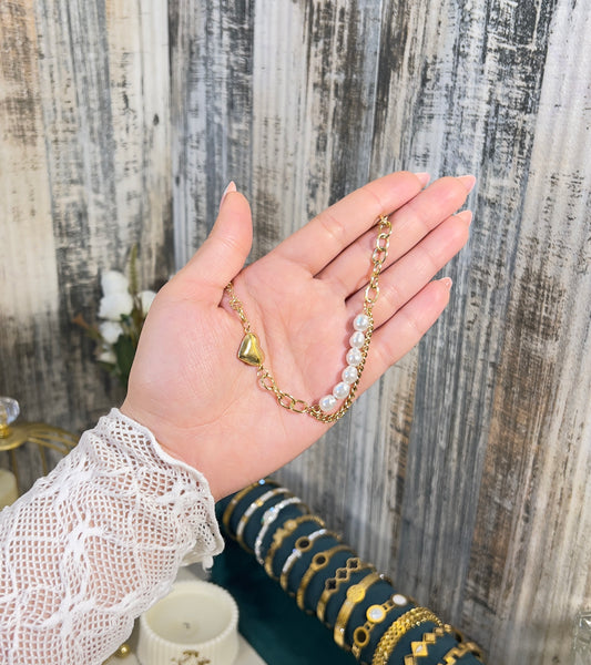 Pearl & Heart Fusion Charm Bracelet – 18K Gold Plated, Anti-Tarnish & Waterproof