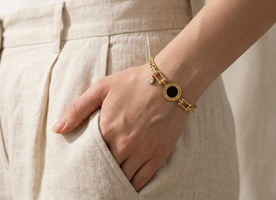 Reversible Roman Medallion Bracelet – Black & White Dual Tone, 18K Gold Plated