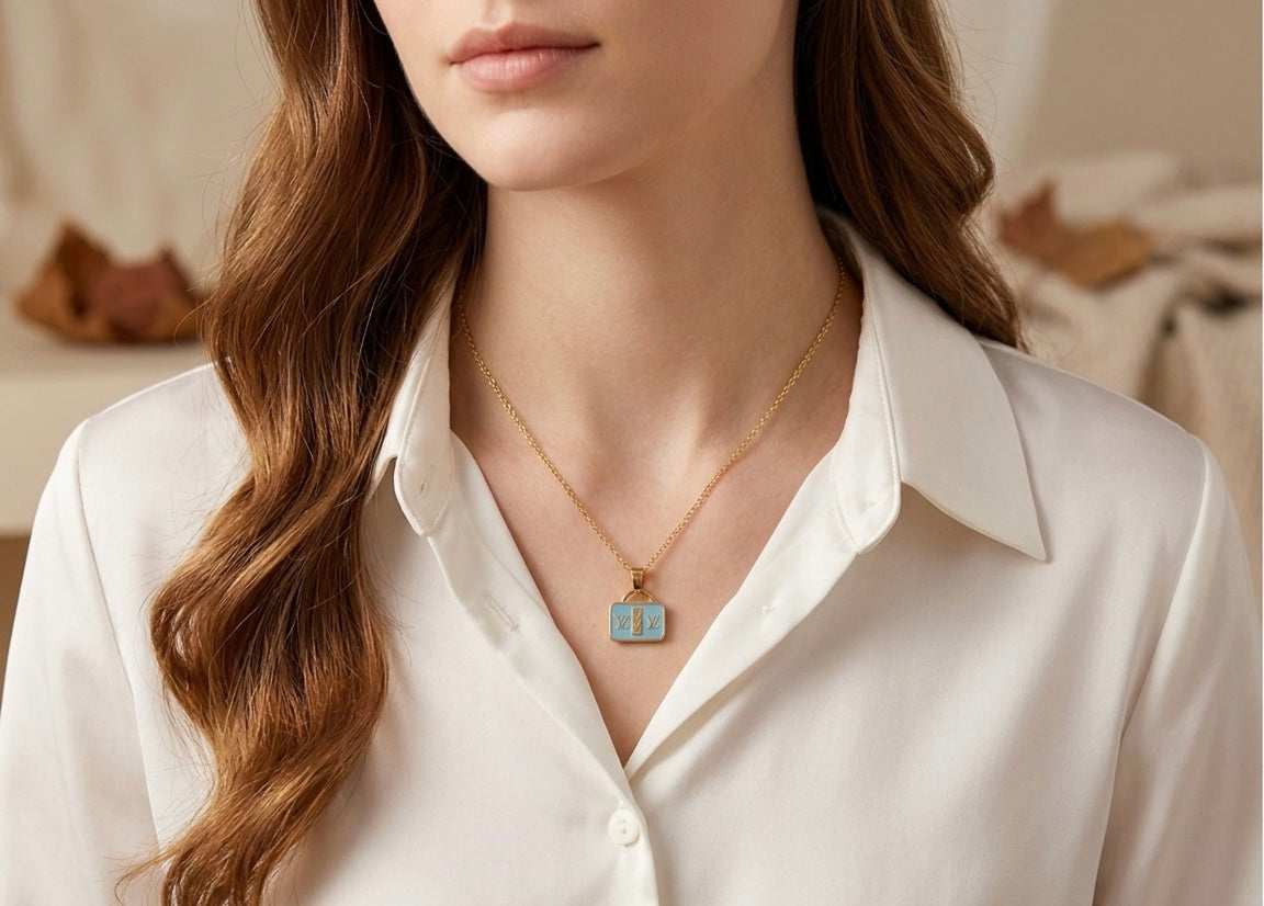 18K Gold Plated Mini Sky Blue Handbag Necklace | Designer-Inspired Enamel Purse Pendant