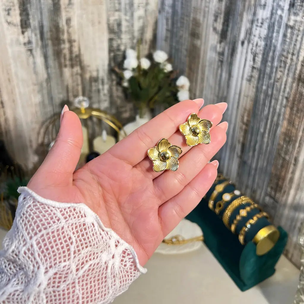 Vintage Gold Textured Flower Stud Earrings | Matte Finish Floral Statement Earrings | Retro Botanical Gold Studs for Women | Chic Daily Wear Jewelry - ACERO JEWELS