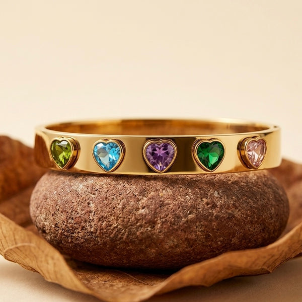 Multicolor Heart Gemstone Gold Bangle – Elegant Enamel Heart Charm Bracelet for Women