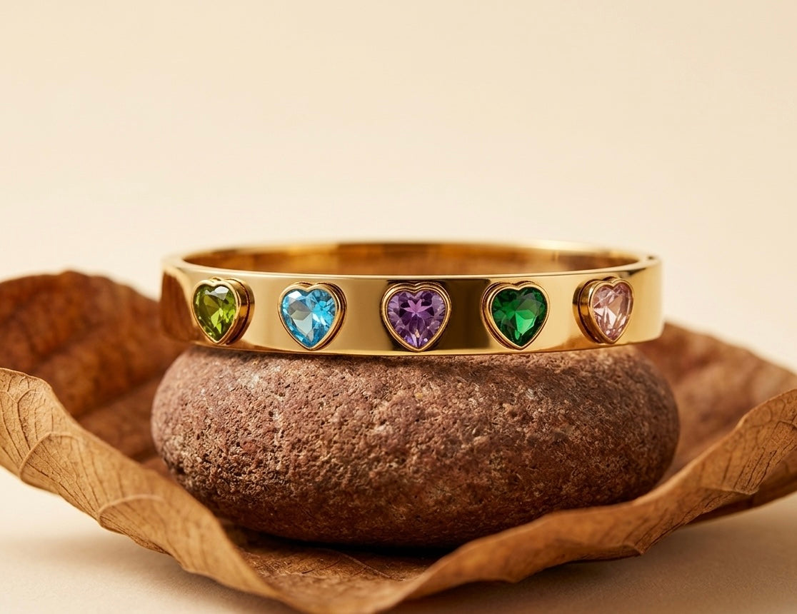 Multicolor Heart Gemstone Gold Bangle – Elegant Enamel Heart Charm Bracelet for Women