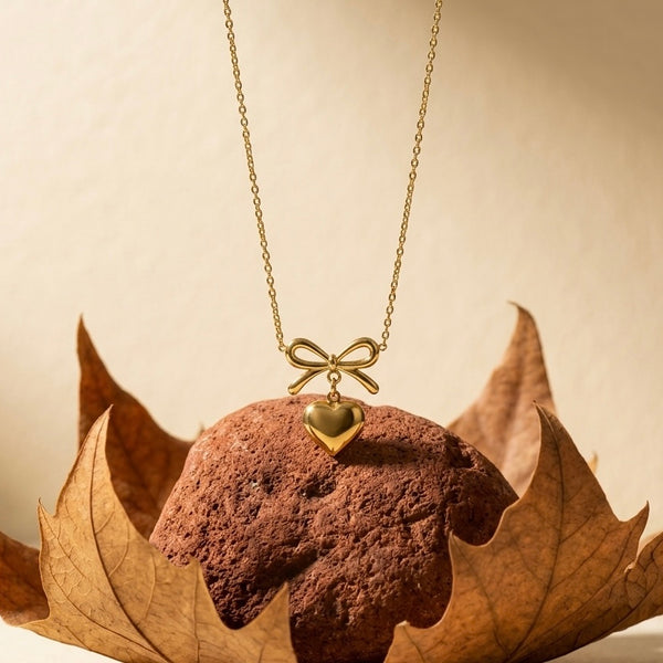 18K Gold Plated Bow and Heart Necklace | Dainty Ribbon Pendant with Puffed Heart Charm