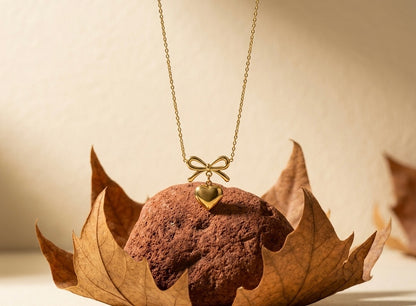 18K Gold Plated Bow and Heart Necklace | Dainty Ribbon Pendant with Puffed Heart Charm