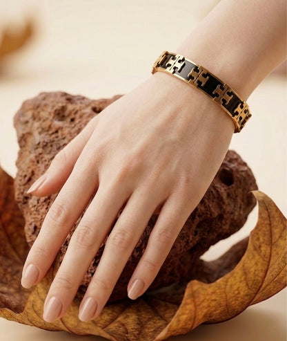 18k Gold Plated Black Enamel Geometric Bangle – Modern "T" Motif Link Bracelet