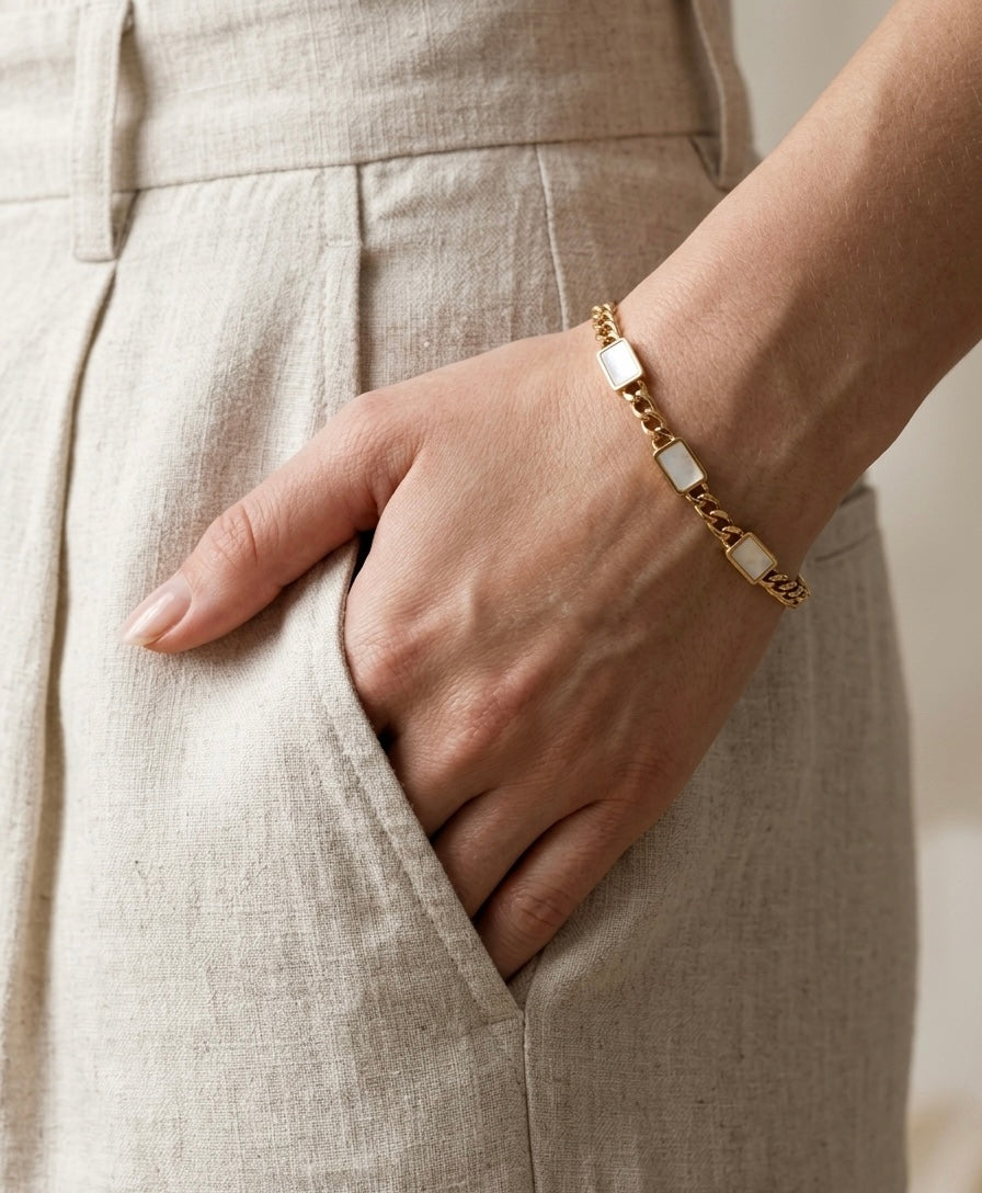 18k Gold Plated Gold Cuban Link Bracelet with White Charms