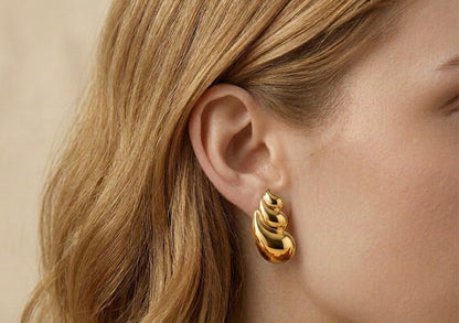 18K Gold Plated Bold Croissant Shell Drop Earrings | Chunky Ribbed Teardrop Statement Earrings | High-Shine Modern Gold Dangles for Women