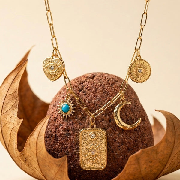 18K Gold Plated Celestial Charm Link Necklace