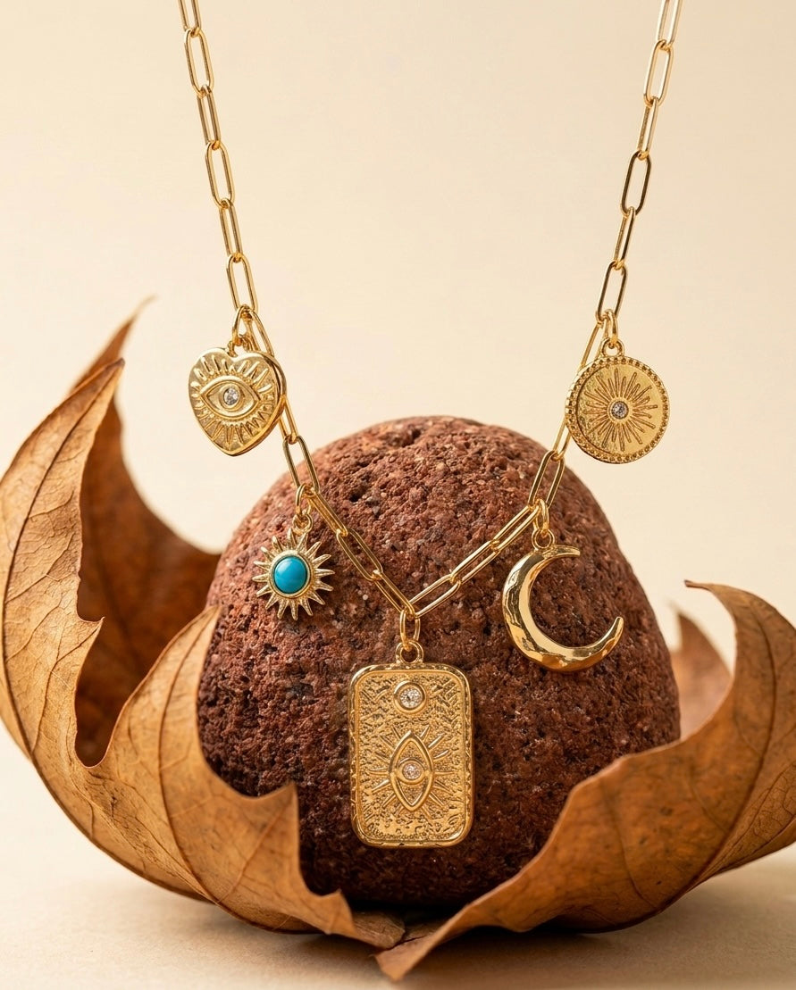18K Gold Plated Celestial Charm Link Necklace