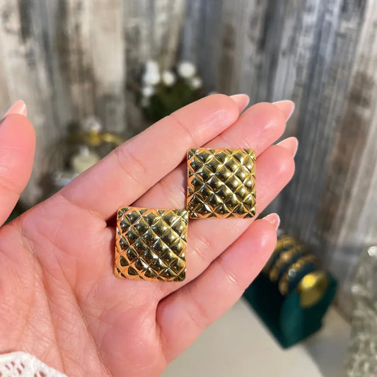 Vintage 18K Gold Plated Quilted Square Stud Earrings | Bold Geometric Diamond-Pattern Statement Earrings - ACERO JEWELS