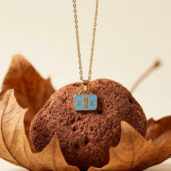 18K Gold Plated Mini Sky Blue Handbag Necklace | Designer-Inspired Enamel Purse Pendant