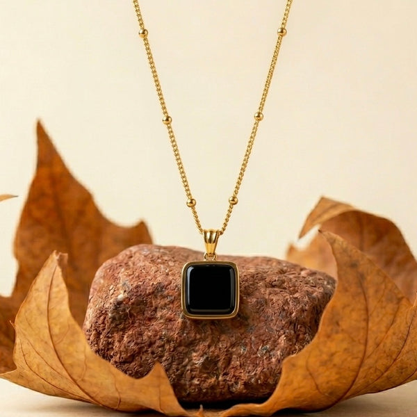 18K Gold Plated Black Onyx Square Pendant Necklace | Vintage Style Satellilte Chain for Women