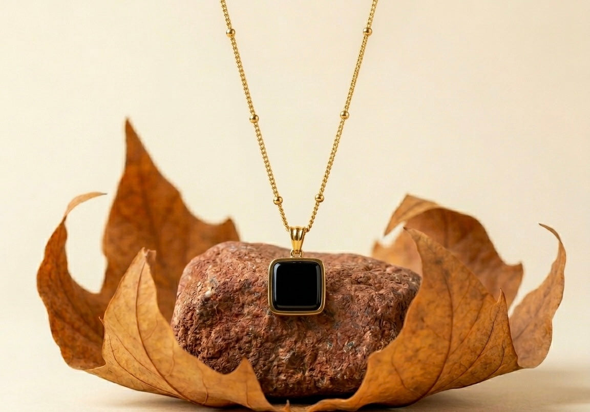 18K Gold Plated Black Onyx Square Pendant Necklace | Vintage Style Satellilte Chain for Women