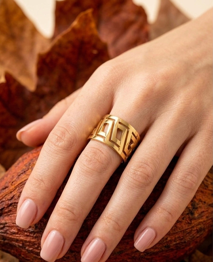 18K Gold Plated Geometric Cut-Out Statement Ring