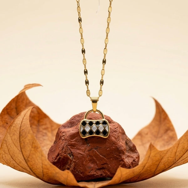 18K Gold Plated Mini Handbag Pendant Necklace | Checkered Enamel Purse Charm on Gold Chain